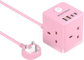 Pink power strip with multiple outlets and USB ports on a white background